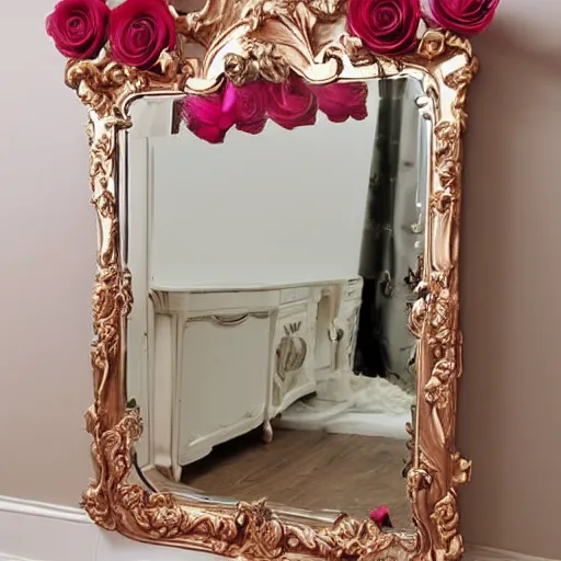 Image similar to beautiful luxurious baroque vanity mirror covered in roses and rose petals