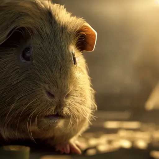 Image similar to guinea pig in gears of war, splash art, movie still, detailed face, photorealistic facial features, cinematic lighting, dramatic, octane render, long lens, shallow depth of field, bokeh, anamorphic lens flare, 8 k, hyper detailed, 3 5 mm film grain