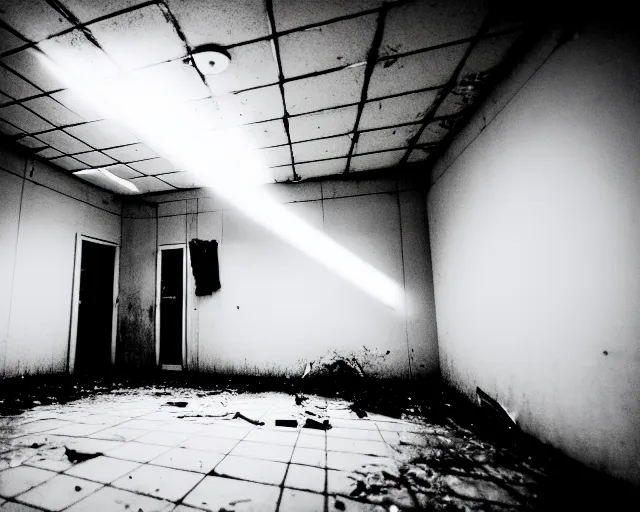 Image similar to creepy woman wearing white dress standing in the backrooms, psychological horror, the eerie forlorn atmosphere of a place that's usually bustling with people but is now abandoned and quiet, buzzing fluorescent lights above the ceiling, unsettling images, liminal space, dark