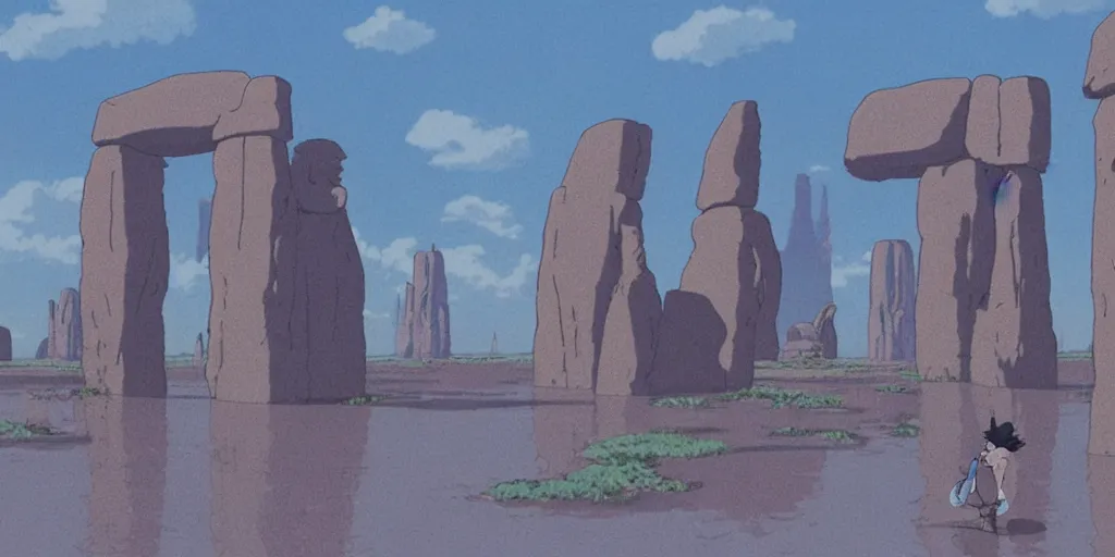 Image similar to a realistic cell - shaded studio ghibli concept art from paprika ( 2 0 0 6 ) of a hairless ape from close encounters of the third kind ( 1 9 7 7 ) in a flooded monument valley stonehenge. very dull colors, wide shot, hd, 4 k, hq