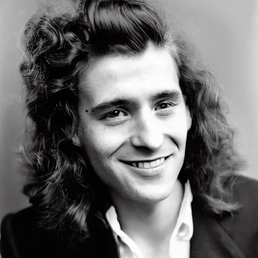 Prompt: portrait of a typical person with waist-length incredible hair by Richard Avedon, gelatin silver finish, friendly eyes, smiling male, aquiline nose, nd4, 85mm, perfect location lighting
