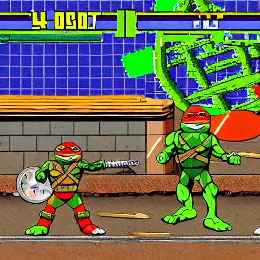 Image similar to teenage mutant ninja turtles in new york, 6 4 - bit style, video game.