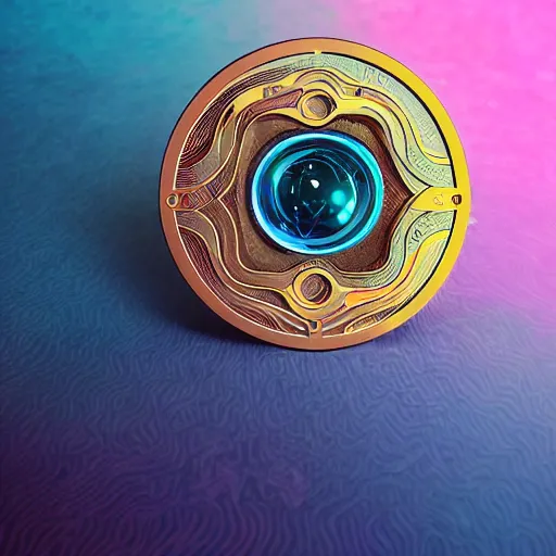 Image similar to circular futuristic and metallic token with ( ( kynthic ) ) in the center, sharp details, art style by beeple and android jones