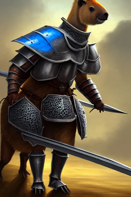 Prompt: a capybara in the style of an armored knight, as a matte oil painting and d & d art, fullbody, blue magic, arcane plasma, sharp focus, award - winning, extremely detailed, 4 k,