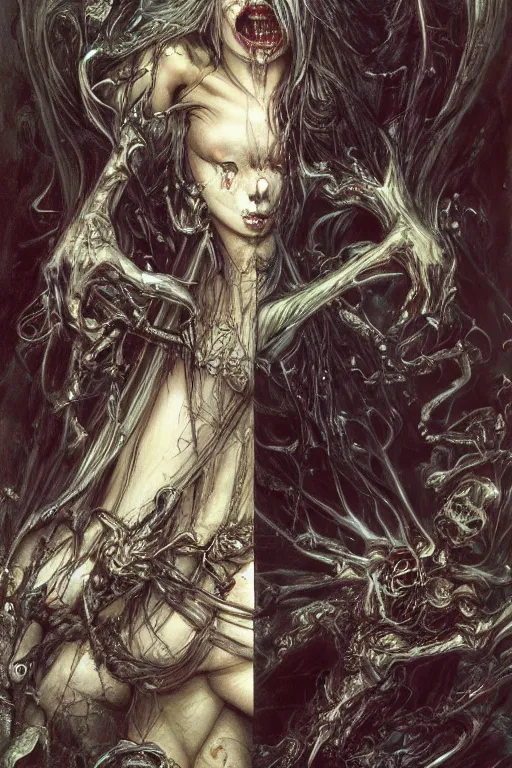 Image similar to life and death mixing, hyperdetailed, 4 k, trending on artstation, dark and gloomy, demonic, cinematic, artgerm, francis bacon, gustave moreau, luis royo
