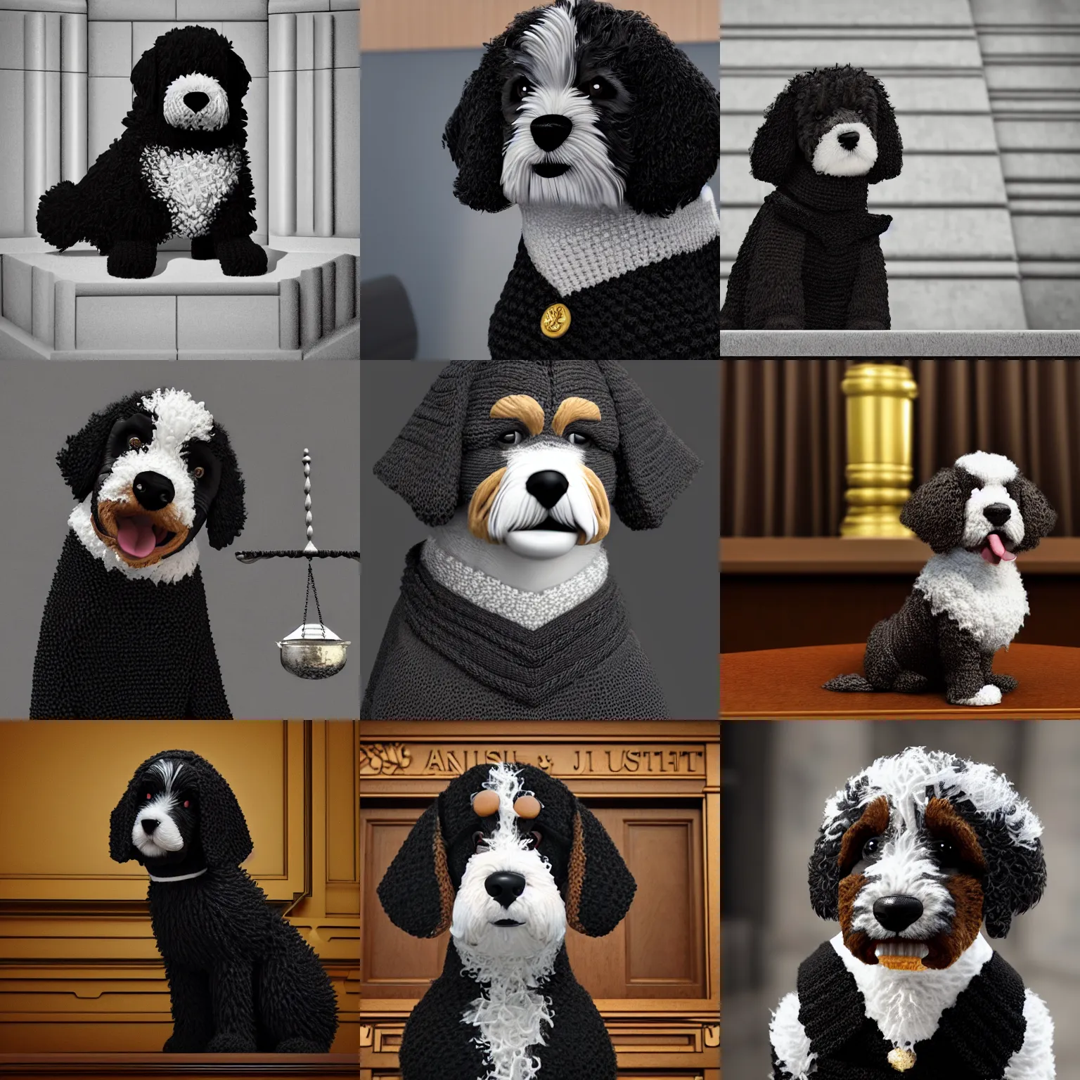 Prompt: a closeup photorealistic illustration of a knitted bernedoodle judge puppy dressed in a black gown presiding over the courthouse. scales of justice and gavel. this 4 k hd image is trending on artstation, featured on behance, well - rendered, extra crisp, features intricate detail, epic composition and the style of unreal engine.