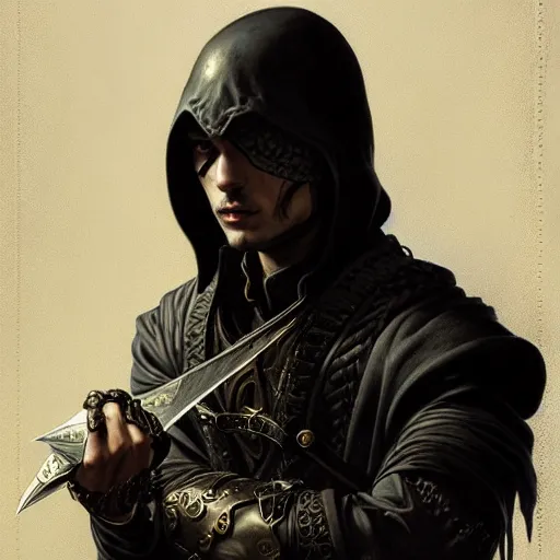 Prompt: portrait of andrei andrei as a thief wearing black leather armor and wielding a dagger in a dark alleyway, fantasy, intricate, elegant, highly detailed, digital painting, artstation, concept art, matte, sharp focus, illustration, art by roberto ferri and greg rutkowski and alphonse mucha