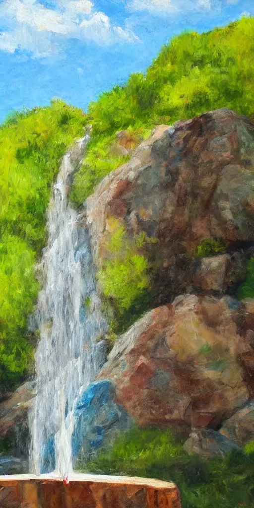 Image similar to water bottle being poured, the water coming out merges with a waterfall that is visible in the background, painting, sunny day