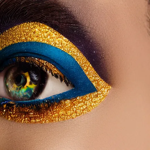 Prompt: close view of an eye of a woman with complex makeup, gems, gold, bright colors ultrawide lens, details, studio lighting, realism, complex lights