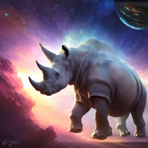 Image similar to a giant galactic rhino stampeding through a nebula by WLOP and tony sart, fantasy art, 4k, HDR, photorealistic, 8k, trending on artstation