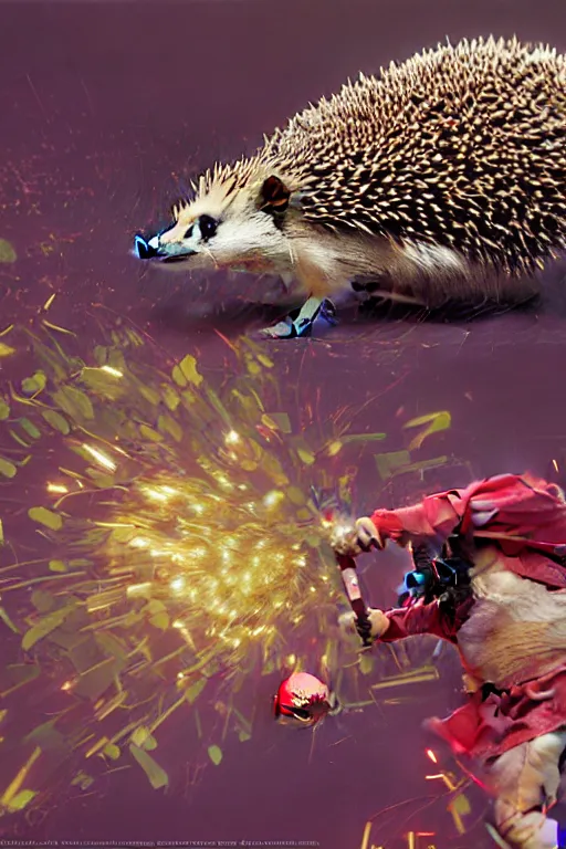 Image similar to A hedgehog playing tennis. colorlpunk art and illustration by tian zi and craig mullins and WLOP and alphonse mucha, fantasy, intricate complexity, hyperrealism 8k