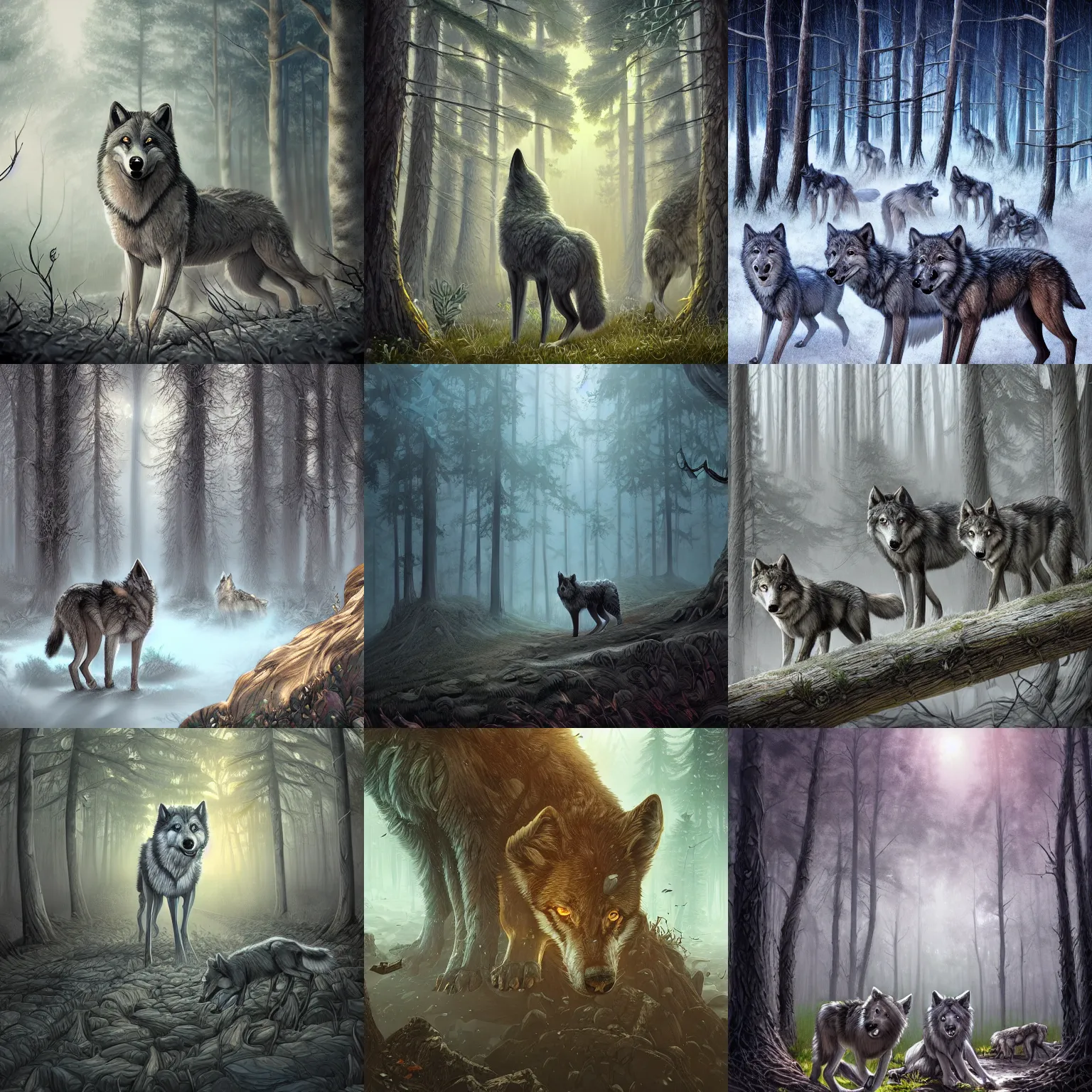 Prompt: Hyperdetailed Digital Matte Paiting of pack of gray wolf, old forest, in style of Cyril Rolando, Dan Mumford, M.W Kaluta, 8k resolution, global illumination, zbrush central contest winner, awe, masterpiece, beautiful