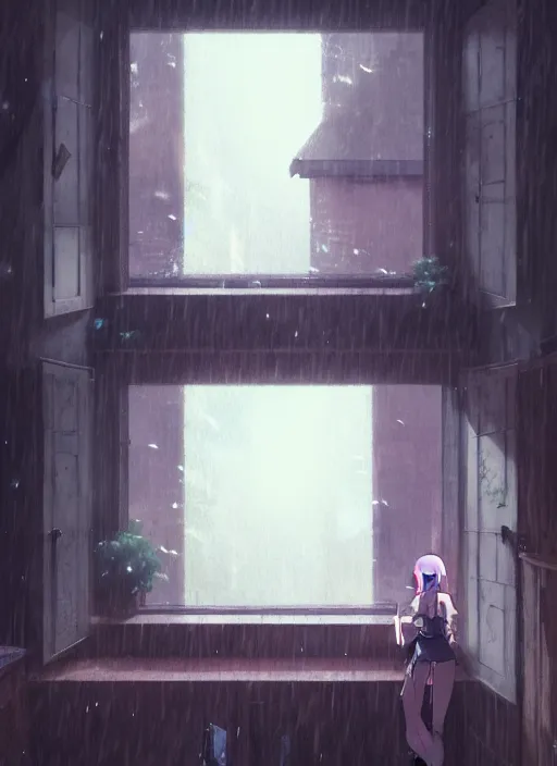 Image similar to interior, near the window, rainy outside, illustration concept art anime key visual trending pixiv fanbox by wlop and greg rutkowski and makoto shinkai and studio ghibli