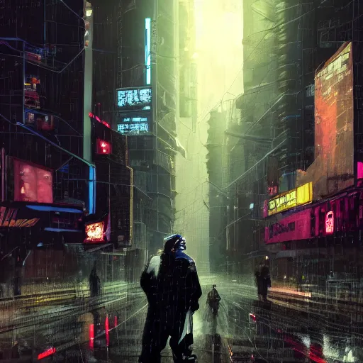 Prompt: Cyberpunk Gabe Newell standing in the street of a cyberpunk city at night in the rain, detailed, realistic, portrait