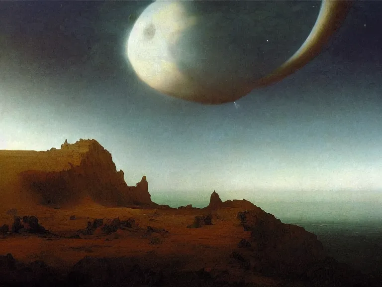 Image similar to an oil painting of an alien planet and the coastline of a black ocean at dawn, beautiful sky by beksinski carl spitzweg and tuomas korpi. baroque elements, full-length view. baroque element. intricate artwork by caravaggio. Trending on artstation. 8k