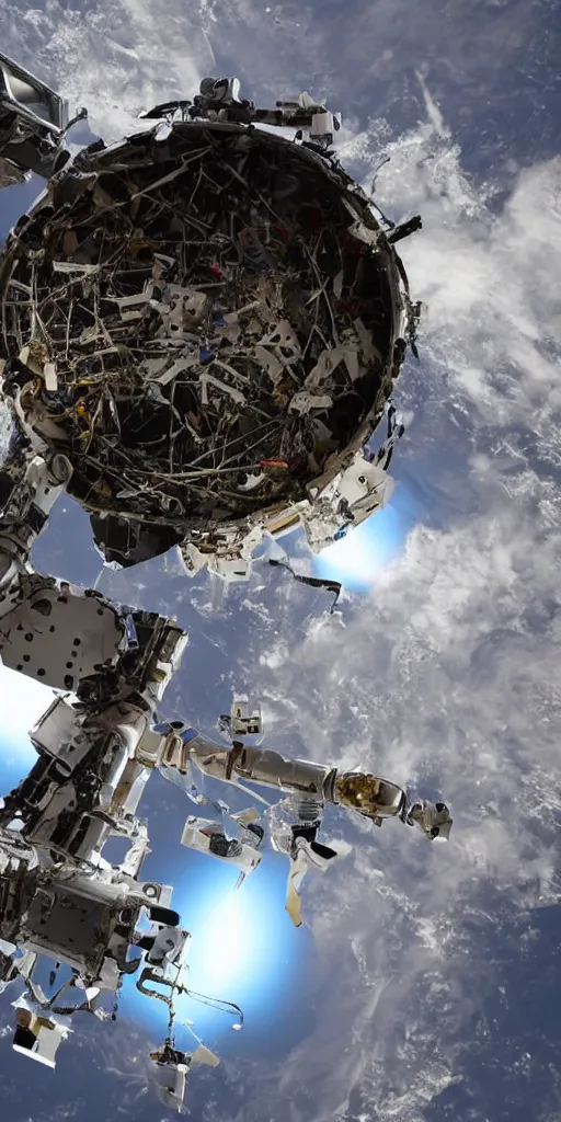 Image similar to the robot extended its mechanical arm to recover the debris in space.