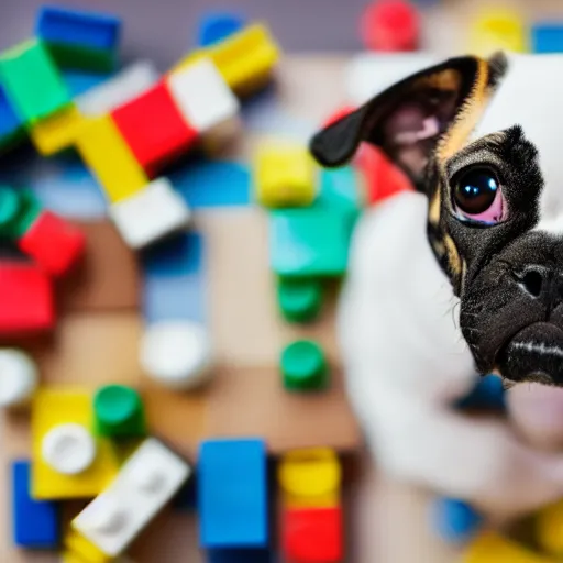 Prompt: a puppy sitting next to legos, dslr, close up, f4.3