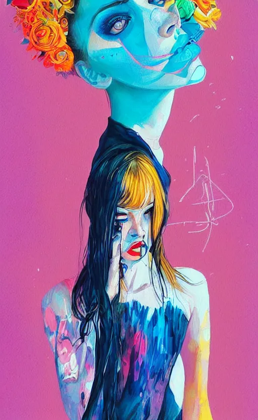 Prompt: an ultra detailed beautiful painting of a stylish woman with colorful sundress, movie poster, modern, symmetrical, harumi hironaka, conrad roset, greg rutkowski