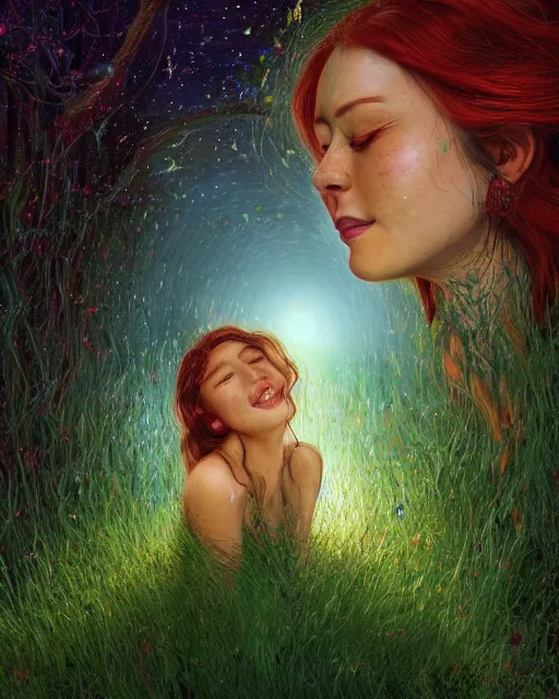 Prompt: a young woman, smiling, amazed by the lights of golden fireflies, sitting in the midst of nature fully covered, long loose red hair, intricate linework, dreamy green eyes, small nose with freckles, oval shape face, realistic, expressive emotions, dramatic lights, spiritual scene, hyper realistic ultrafine digital art by james jean and albert bierstadt and artgerm