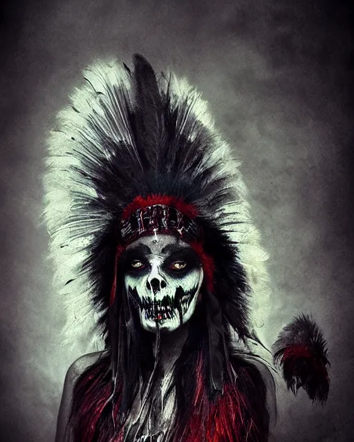 Prompt: wolf mutant ghost - spirit of the grim - warpaint wears the scarlet skull armor and native blood headdress feathers, midnight fog - mist!, dark oil painting colors, realism, cinematic lighting, various refining methods, micro macro autofocus, ultra definition, award winning photo, photograph by ghostwave - gammell - giger - shadowlord
