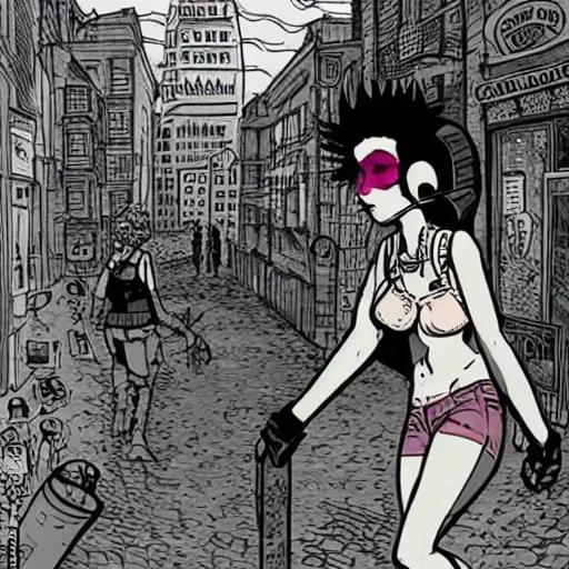 Image similar to punk girl with headphones in densely packed street, surreal, Ralph Bakshi