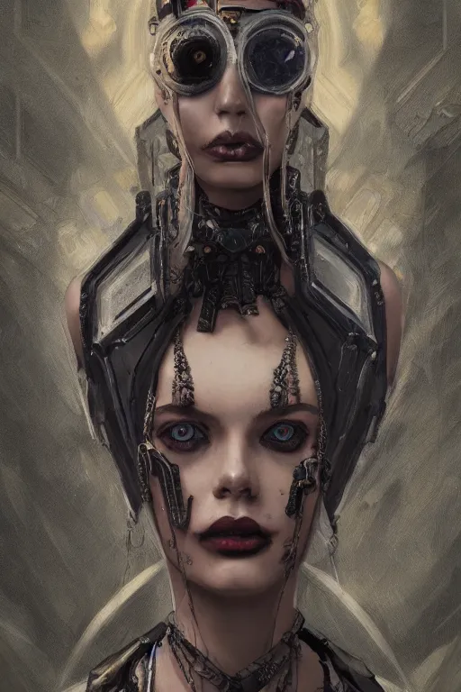 Image similar to portrait of beautiful gothic Margo Robbie, cyberpunk, Warhammer, highly detailed, artstation, illustration, art by Gustav Klimt