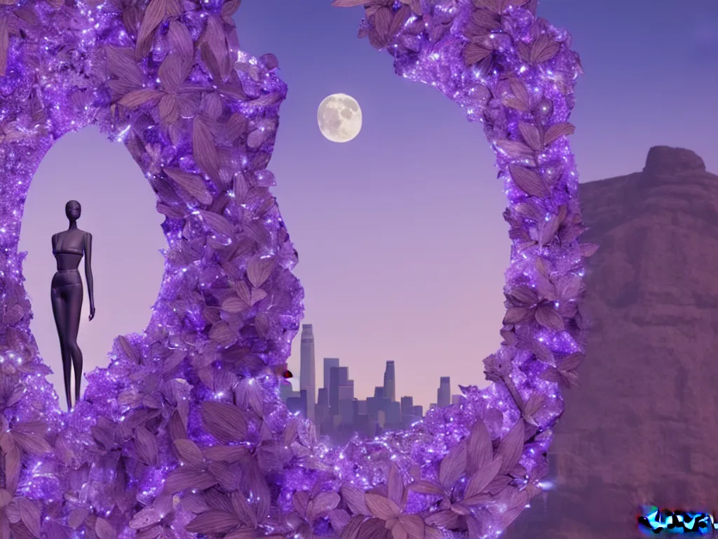 Image similar to beautiful mannequin sculpted out of amethyst by billelis + lit with 3 d geometric neon + facing a doorway opening with neon pink geometric fractal light + flowering hosta plants!!!, moon + city of los angeles in background!! dramatic, rule of thirds, award winning, 4 k, trending on artstation, photorealistic, volumetric lighting, octane render