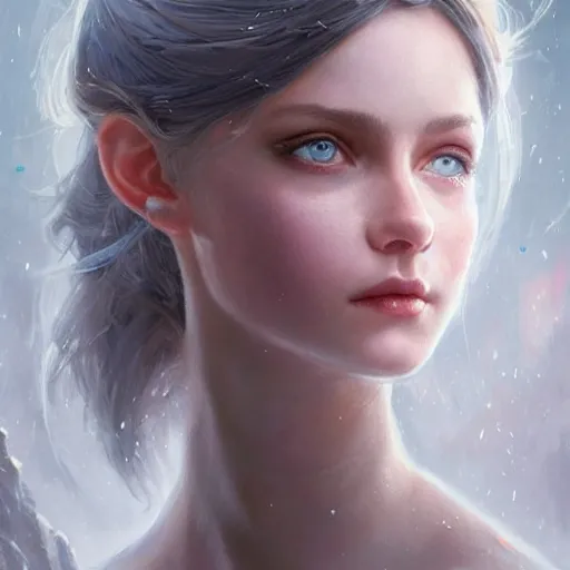 Image similar to portrait of a beautiful young woman with bright blue eyes, bunched dark hair, dressed in a white, detailed face, fantasy, highly detailed, cinematic lighting, digital art painting by greg rutkowski, trending on artstation, very very beautiful, very attractive