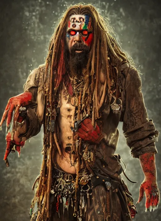 Prompt: detailed full body concept art, illustration matte painting, Rob Zombie as a pirate in full intricate colorful clothing, ultra detailed, digital art, octane render, 4K, dystopian, micro details