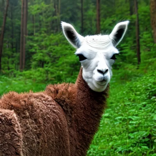 Prompt: llama in a forest, trail cam footage, night, gloomy