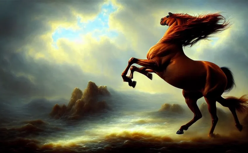 Image similar to a masterpiece oil painting of a proud horse galloping. wide angle, fantasy art, heroic lighting, by artgerm, fog, finger of god, amazing wallpaper