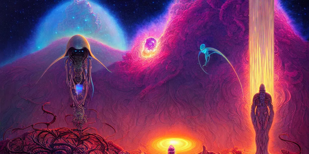 Prompt: of a beautiful digital photorealistic painting of a large alien shrine life and death surrounded by mystic nebula magical rosses by moebius and android jones, oil on canvas sharp, details, hyper - detailed, hd, hdr, 4 k, 8 k