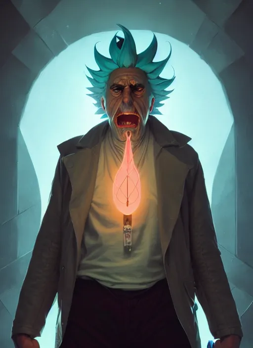 Image similar to rick sanchez by greg rutkowski, symmetry, concept art by artgerm, distance portrait of a hyper realistic, intense, epic, alphonse mucha, octane render, highly detailed, high quality, 8 k, soft lighting, path traced, and uang guangjian and gil elvgren, symmetry!!