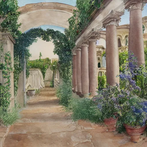 Image similar to delicate garden on paper, floating robes, puffy, vines, botanical herbarium, botanic watercolors, coastline, iridescent, 8 k wide angle, realistic shaded, fine details, artstation, italian, rainbow, colonnade, oak, pinecone, gardena architecture, pompeii, naples, sicilian, boundary wall