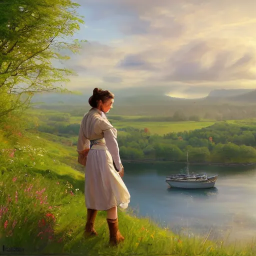 Image similar to Princess Leia, Swedish countryside, landscape view, archipelago, painting by Vladimir Volegov, wlop, artstation