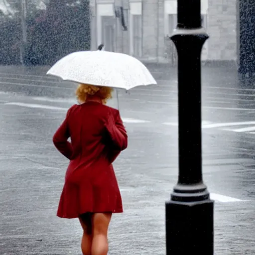 Prompt: marlin monroe leaning against a lamppost in the pouring rain, hyper realism, beautiful figure, photography