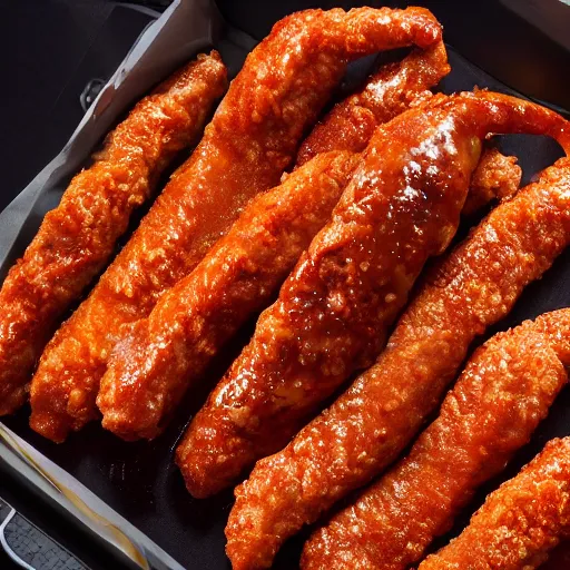 Prompt: 4 k uhd photo of a chicken strip covered in barbecue sauce, kfc product shot