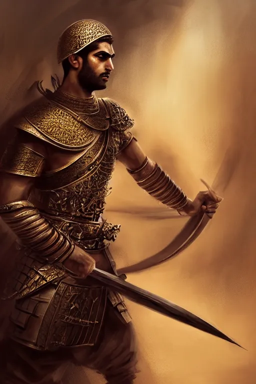 Image similar to portrait of a Persian Prince fighting at war, warrior, brutal battle, handsome prince, shaved face, no beard, attractive young man, heroic pose, persian style architecture, dramatic lighting, dark and horror, action and tragedy, dust and blood, intricate, wild, highly detailed, digital painting, artstation, concept art, smooth, sharp focus, illustration, art by artgerm and greg rutkowski and alphonse mucha, footage from space camera