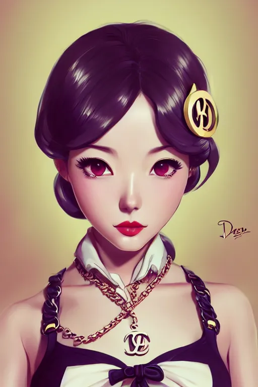 Image similar to a pin up and beautiful fashion dreamlke japan girl with lv jewelry, character art, art by artgerm and wlop and and ilya kuvshinov, hyperdetailed, 8 k realistic, symmetrical, frostbite 3 engine, cryengine, dof, trending on artstation, digital art, chanel, dior, fantasy background