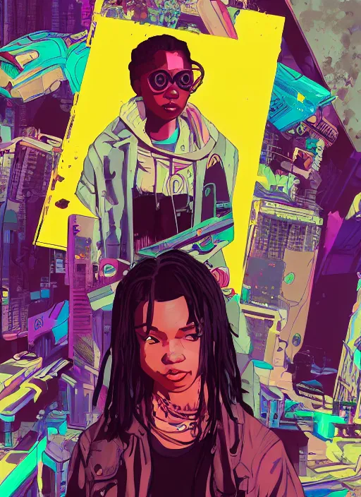 Prompt: sophia igwe. cyberpunk. portrait illustration, pop art, splash painting, art by geof darrow, ashley wood, alphonse mucha, makoto shinkai ( apex legends )