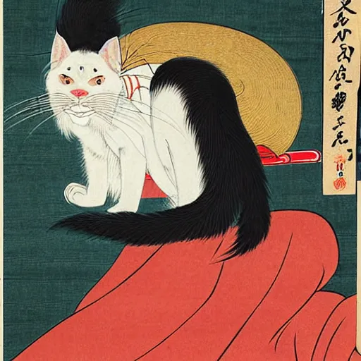 Image similar to beautiful portrait ukiyo - e painting of an ginger maine coon with white beard by kano hideyori, kano tan'yu, kaigetsudo ando, miyagawa choshun, okumura masanobu, kitagawa utamaro