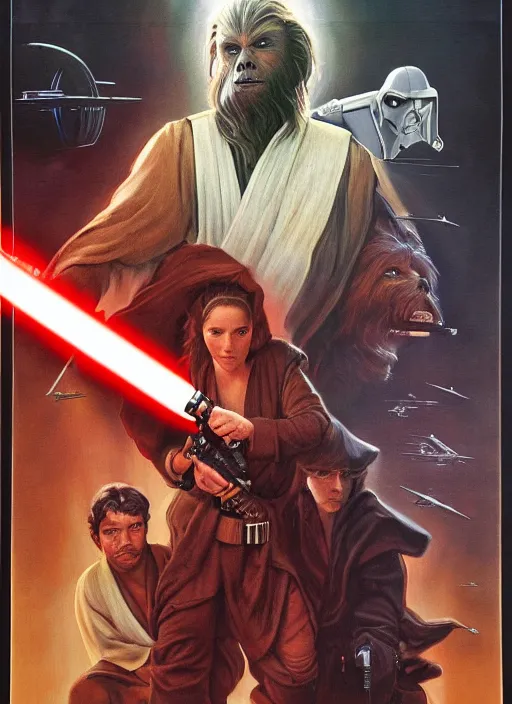 Image similar to epic cinematic poster artwork for featuring portraits for lost star wars film 1 9 9 0 moody painting by drew struzan, beautiful backlit, epic award winning, artstation, extremely detailed, photorealistic, 4 k