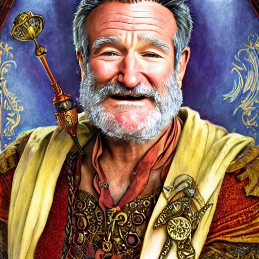 Image similar to an ultradetailed portrait of robin williams dressed as sheogorath, floating in the air with magic, the elder scrolls, fantasy, intricate, elegant, highly detailed, digital painting, matte, sharp focus, illustration, art by john collier and albert aublet and krenz cushart and artem demura and alphonse mucha