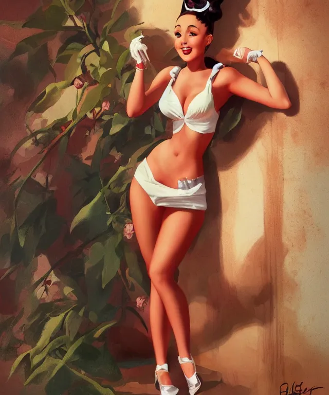 Image similar to epic full body portrait of Ariana Grande pinup style by Gil Elvgren, standing up, elegant, digital painting, trends on artstation, concept art