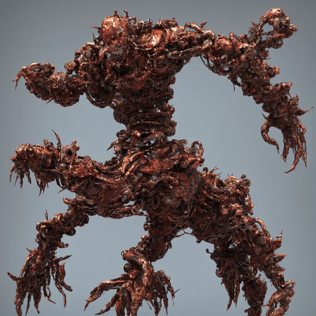 Image similar to 3 d render of a rusty biopunk sculpture, waves and steps, organic chrometype, liquid metal, neotribal thorns, raytraced, volumetric lightning, 8 k, by zhelong xu and innate studio