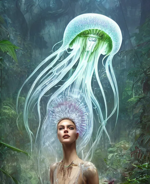 Prompt: opulent transparent clear see - through portrait of a terrifying beautiful male alien jellyfish robot, mottled coloring, adorable, childlike, overgrown biopunk jungle environment, ultra realistic, concept art, art nouveau, photorealistic, octane render, 8 k, unreal engine. art by christopher marley and artgerm and greg rutkowski and alphonse mucha