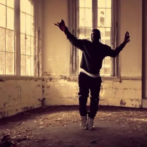 Image similar to kanye west dancing in an abandoned mansion, ominous lighting, realistic, elegant, beautiful, 4 k, sad.