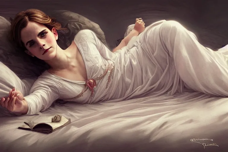 Image similar to Emma Watson lying on the bed in sleepwear,, D&D, fantasy, intricate, elegant, highly detailed, digital painting, artstation, concept art, matte, sharp focus, illustration, hearthstone, art by Artgerm and Greg Rutkowski and Alphonse Mucha