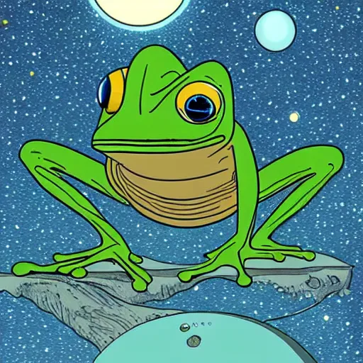 Image similar to frog with 3 eyes ponders nature of the solar system by moebius