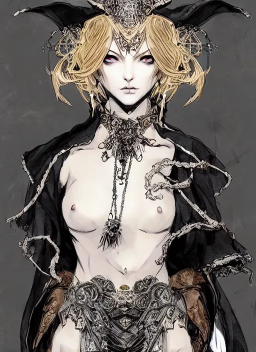 Image similar to beautiful human witch with blonde short curtly hair in intricate ornate witch robe, haughty evil look, witch hat. in style of yoji shinkawa and hyung - tae kim, trending on artstation, dark fantasy, great composition, concept art, highly detailed, dynamic pose.